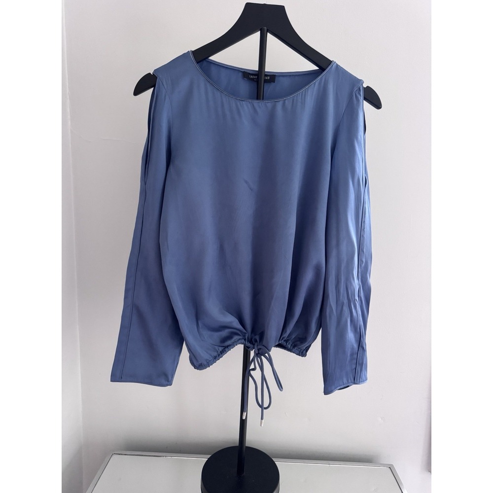 Lafayette 148 Silk Blouse Blue Drawstring Hem Long Sleeve Women's Petite Small
